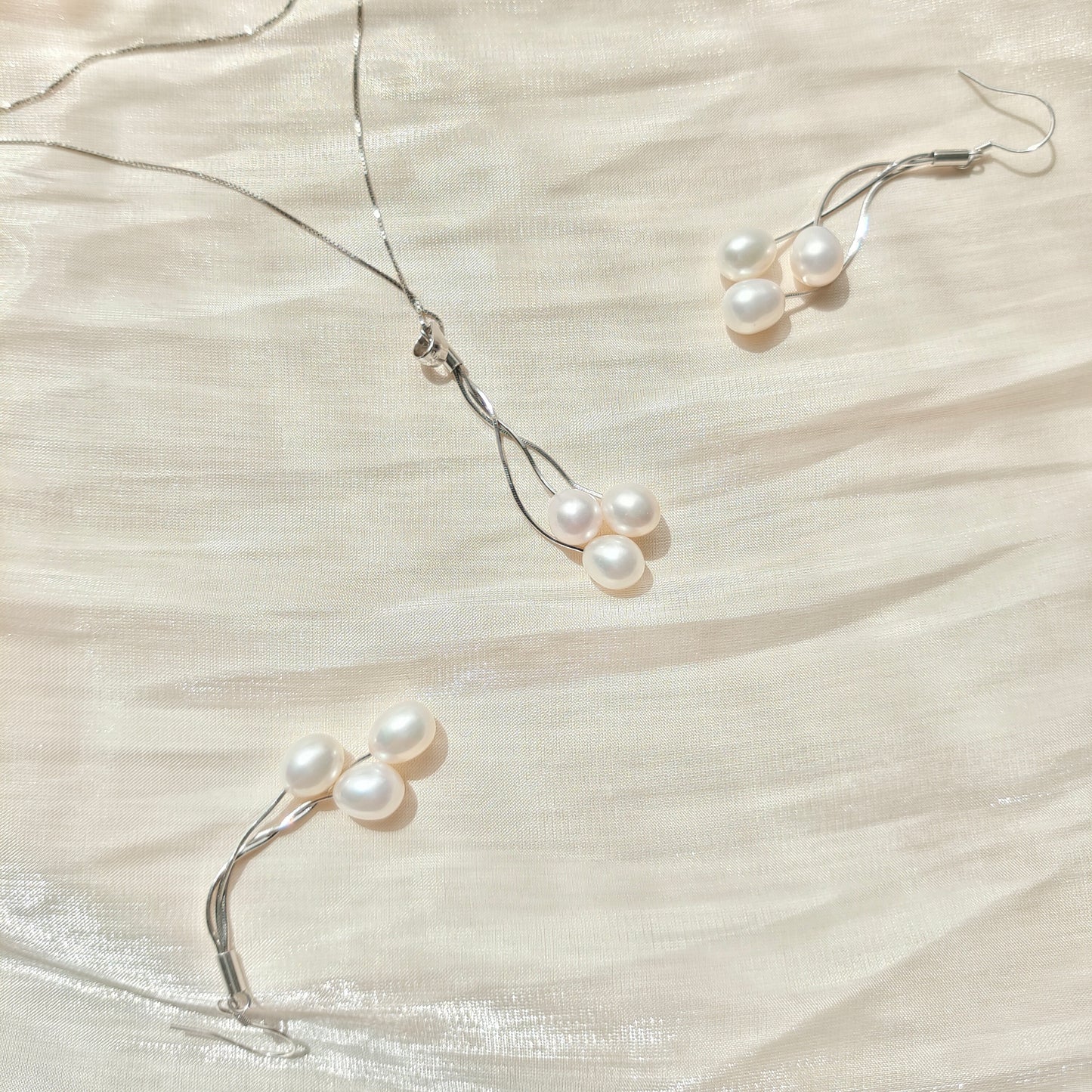 DMEM2302 Parure collier boucles d'oreilles 3 gouttes de perle d'eau douce