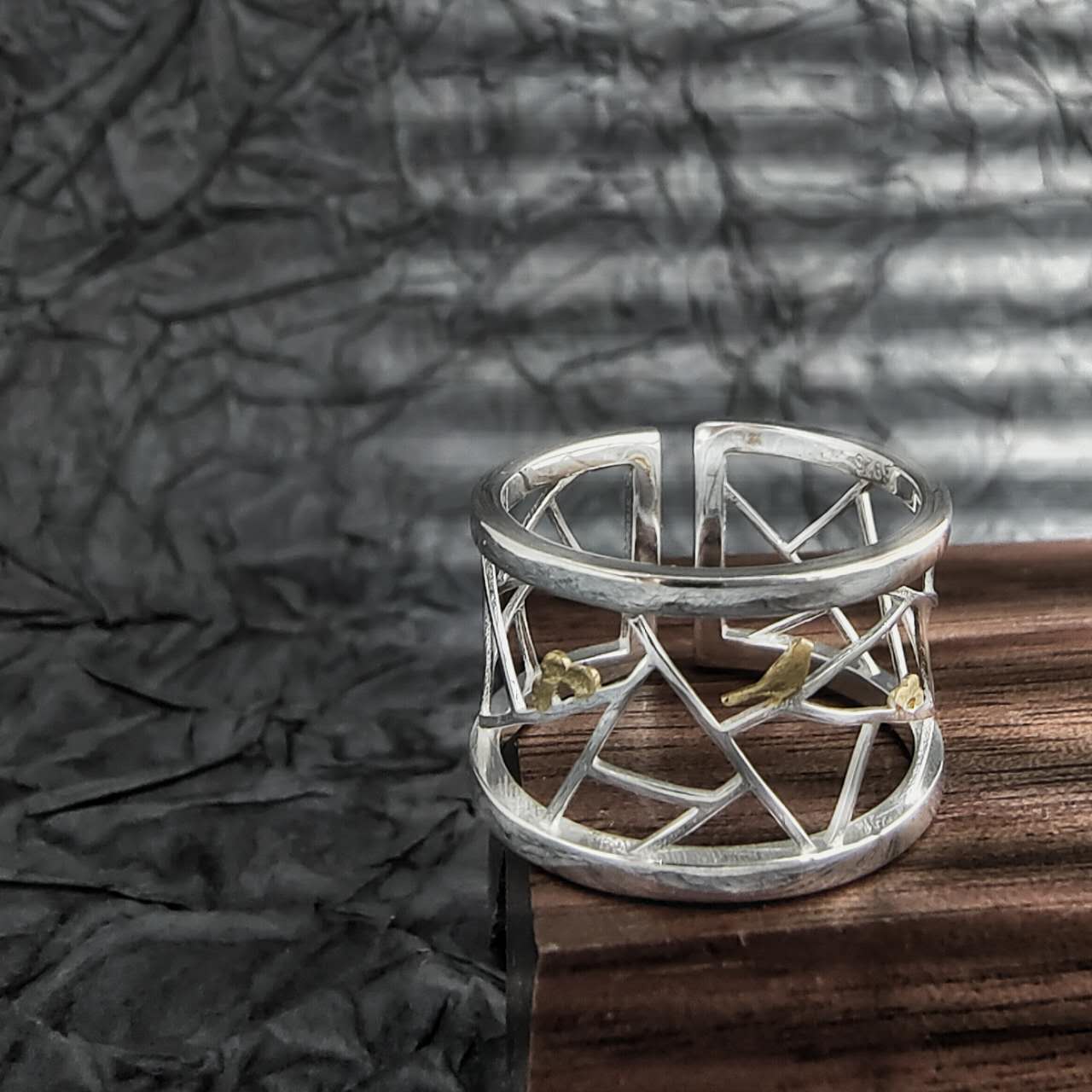 RABG2301 Bague artisanale ajustable « oiseau à la fenêtre »