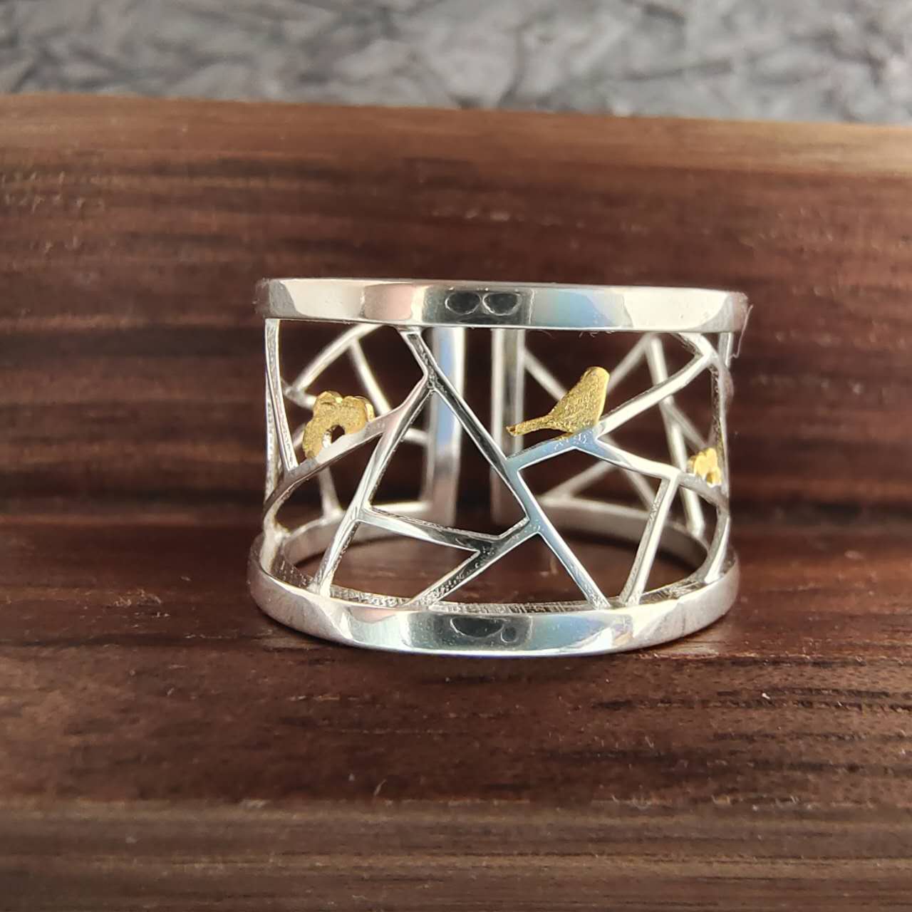 RABG2301 Bague artisanale ajustable « oiseau à la fenêtre »