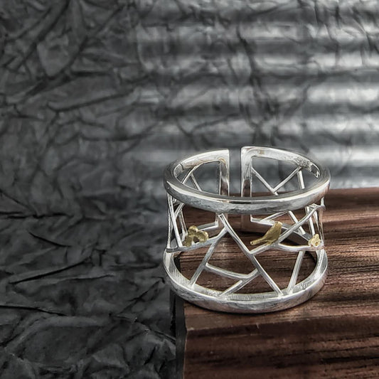 RABG2301 Bague artisanale ajustable « oiseau à la fenêtre »